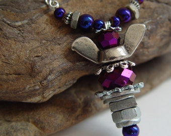 Dark Reflective Deep Purple Beaded Antique Silver Upcycled Wing Nut Angel Necklace