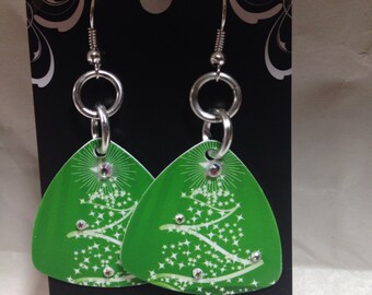 Christmas tree winter Holiday earrings made from recycled gift card in a guitar pick shape Eco-friendly green with sparkle