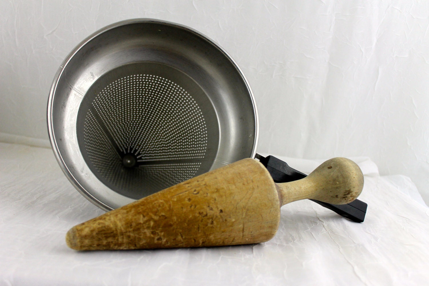 Vintage Applesauce Maker Colander and Wooden Pestle Cone