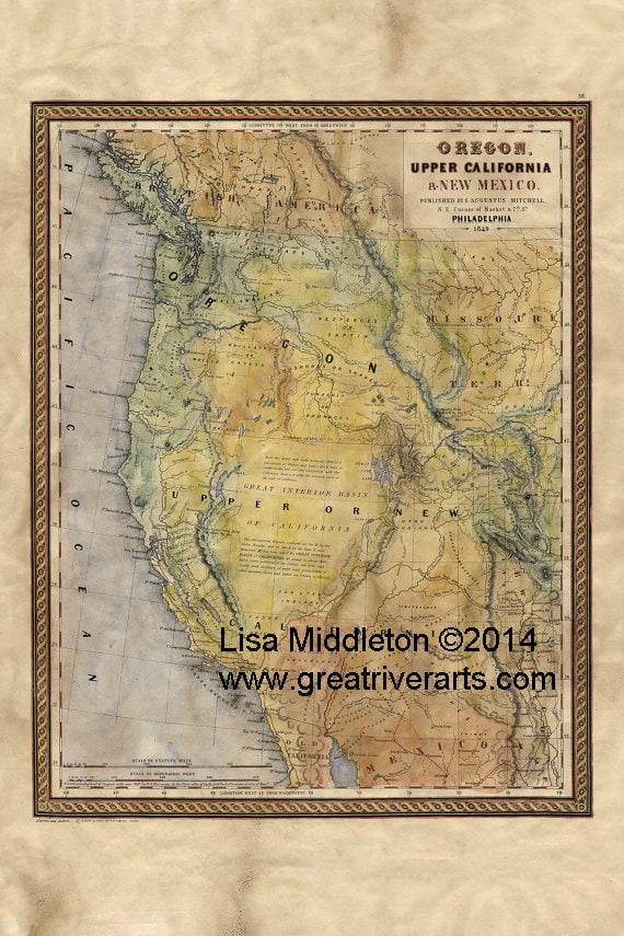 1849 Map of Oregon, upper California and New Mexico-Mitchell 11x14 UV resistant laser reproduction, signed and numbered.