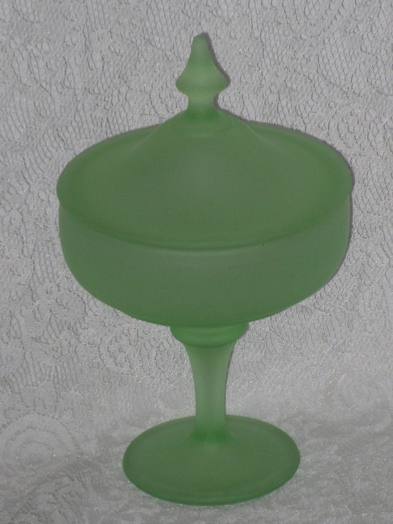 Green Satin Frosted Glass Candy Dish Pedestal Covered Bowl