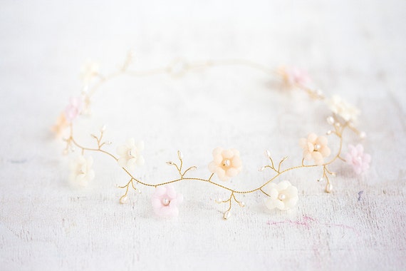 accessories, crown flower Bridal crown,  crown,  hair gold flower hair etsy Silk Gold  Pink
