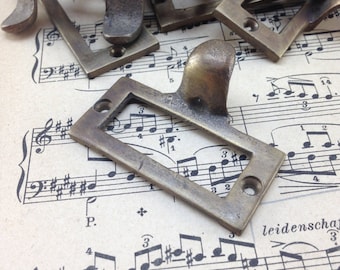 Vintage brass label holders for drawers - heavy antique drawer pull tag holder - card catalog drawer pull - library cabinet drawer hardware