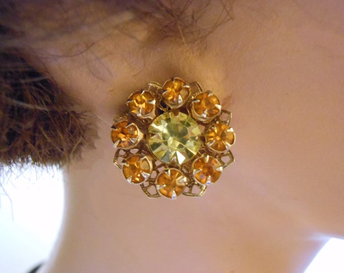 Juliana style earrings, amber and yellow rhinestone prong set clip earrings perfect for wedding or prom