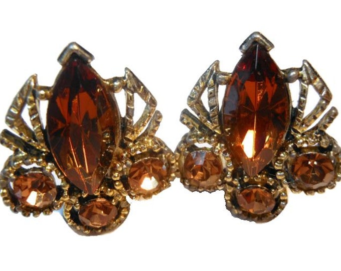 Amber rhinestone earrings - Juliana style prong set clip earrings perfect for wedding or prom