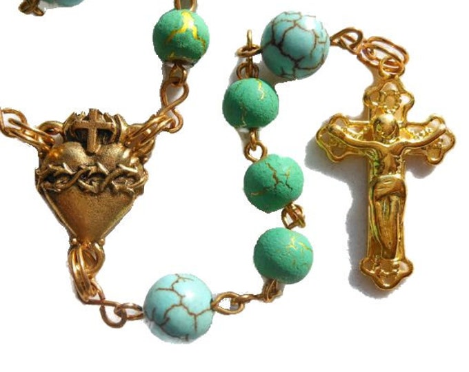 FREE SHIPPING Catholic rosary "Christ in the Desert" gold plated green desert sun beads with magnesite Our Father beads
