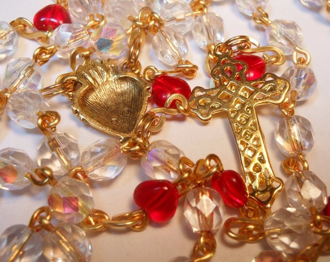 FREE SHIPPING Aurora Borealis rosary "Northern Lights" gold plated wire, AB beads , red heart Pater beads, gold plated center and crucifix