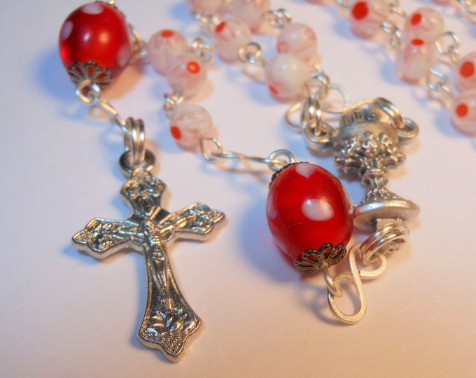 FREE SHIPPING Millefiori rosary "Rejoicing" white red floral beads, lamp work centers,silver plated wire, crucifix and chalice medal center