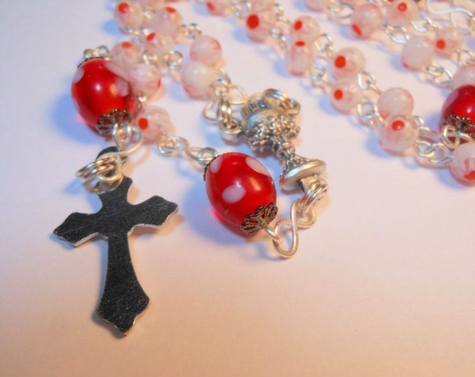 FREE SHIPPING Millefiori rosary "Rejoicing" white red floral beads, lamp work centers,silver plated wire, crucifix and chalice medal center