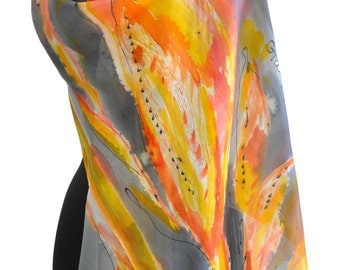 Hand painted silk Scarf/ Shawl/Autumn leaves/Painted by hand leaves/Woman silk accessory/Luxury silk scarf/Painting orange leaves/long scarf