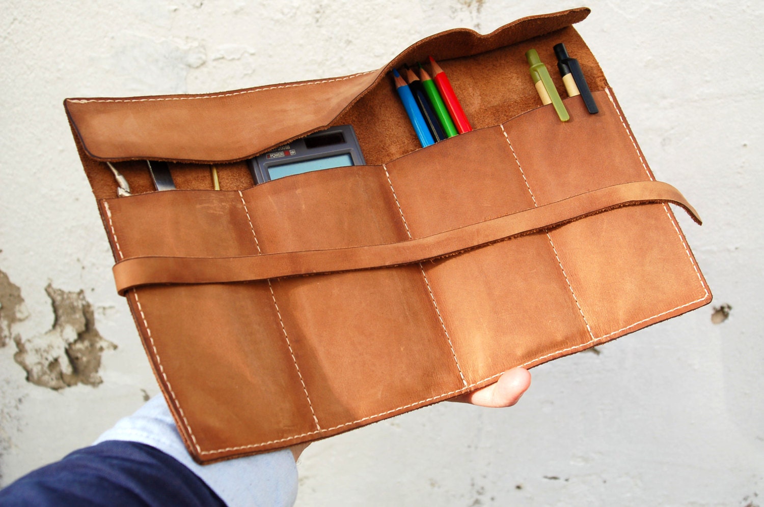 Personalized leather pencil case wrap tool bag roll pencil