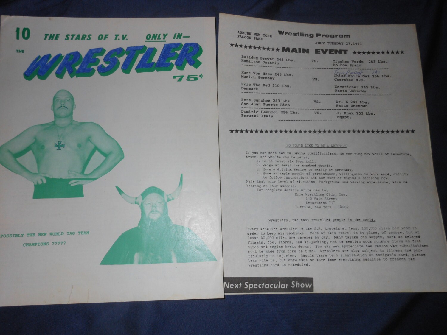 1971 The Wrestler program & match sheet rare wrestling