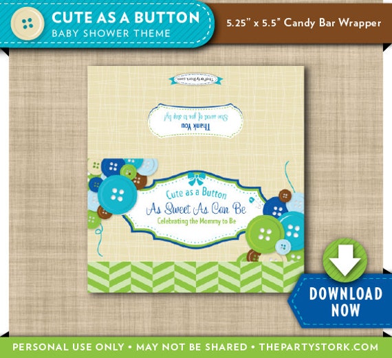 Cute As A Button Blue Candy Bar Wrapper Label Boy Printable