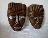 Vintage Mask Balinese Pair Carved Wood Mask Retro Wood Mask Made in Bali Chocolate Brown