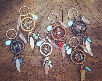 OOAK Custom DREAMCATCHER Keychain - Made to order - Handmade with Gemstones - Feathers - Quartz Crystal - Wire wrapped