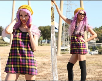 Vintage 80s plaid school girl mini dress top tunic mod squad XS S