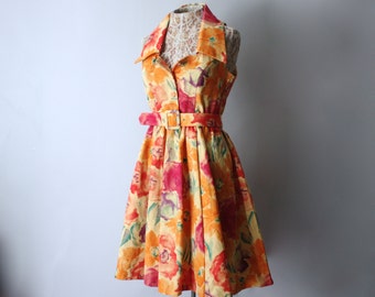 Laura Ashley Floral 50s Sundress with Belted Waist, Collar, and Full Skirt sz 8