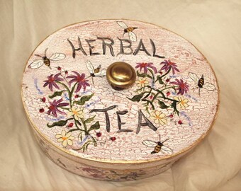 Herbal Tea Box Handpainted Original Tea Bag Holder Display Tea Garden Box Cottage Home Decor Rustic Farmhouse Herbs Bees Gardener Gift Art