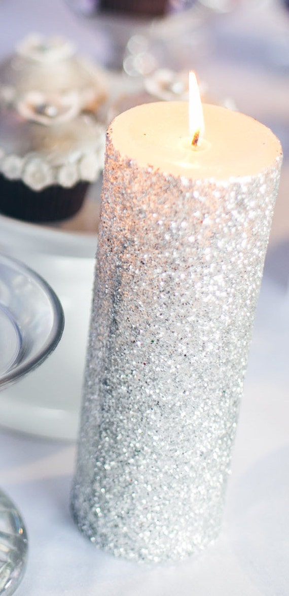 Silver Glitter Pillar Candle Winter Wedding Reception Decor