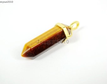 Natural Tiger's Eye Gemstones Hexagonal Pointed Healing Reiki Chakra Pendant Beads Gold Plated Cap Bail For Necklace or Earrings