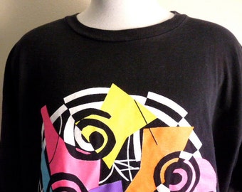 vintage 80's 90's Danskin Plus abstract neon bright geometric pattern black crew neck graphic t-shirt oversized loose boxy fit womens xl