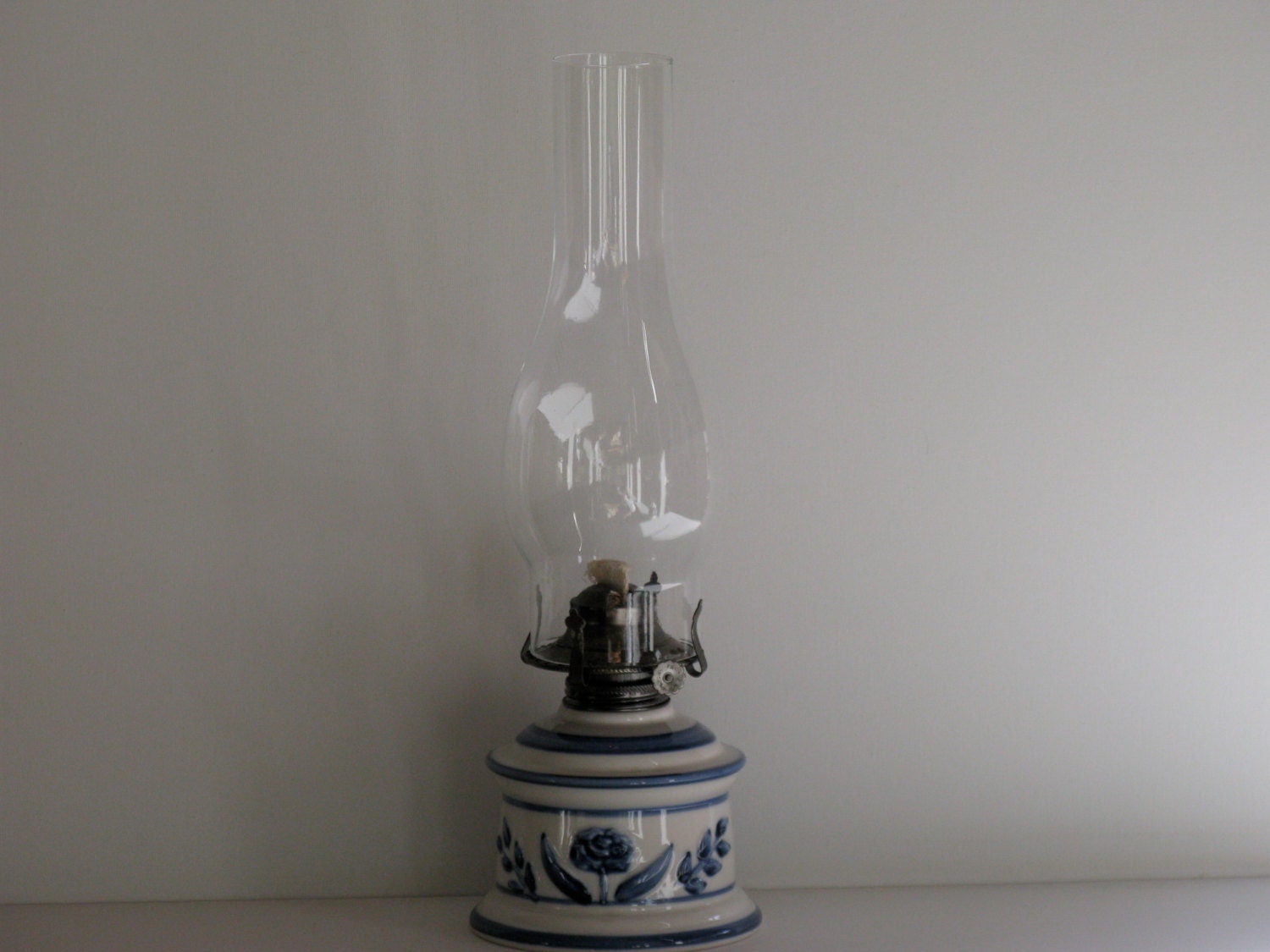 OIL LAMP/ Lamplight Farms White w Blue Flowers/ Ceramic