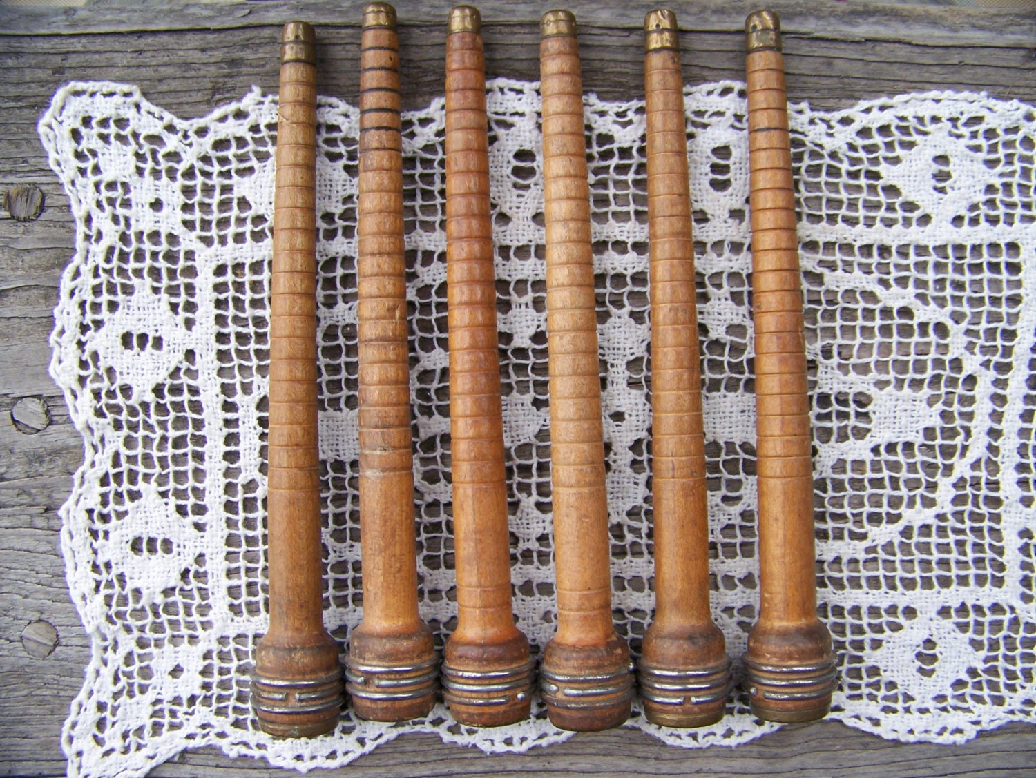 Antique Wooden Bobbins set of 6 Vintage Wood Bobbins.