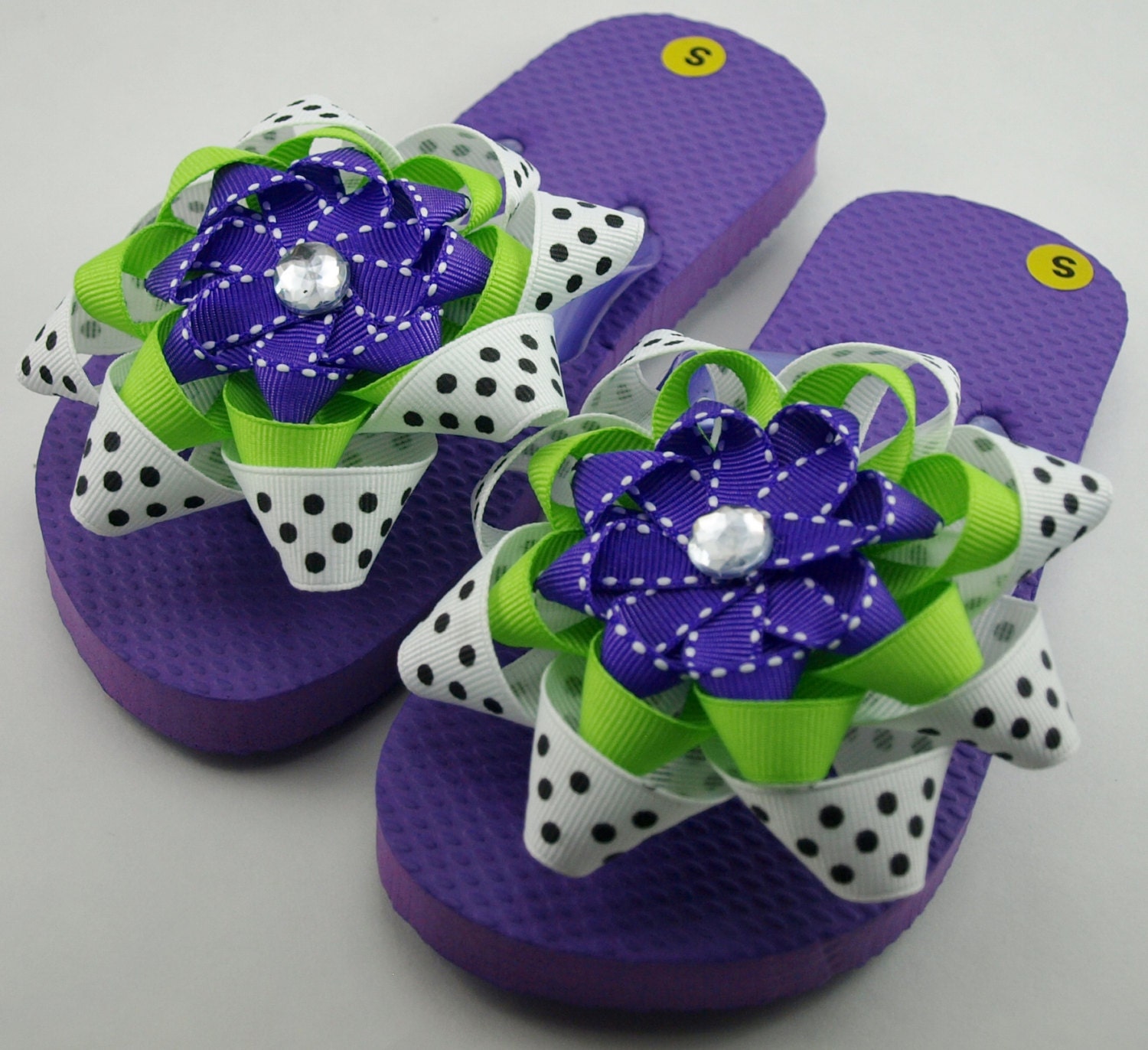 Purple and Lime Flip Flops Childs S Girls by TheSidelineBoutique