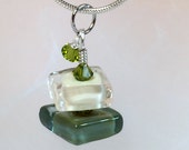 Necklace green cream glass art lampwork square beads stacked with crystals