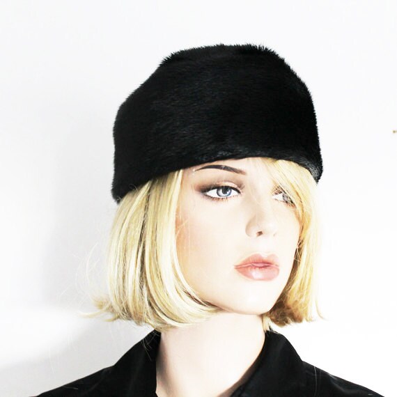 Vintage 1960s Black Shiny Fur Military Pill box hat Winter Fedora w/ Ear Flaps