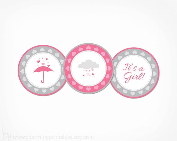 It's a Girl Cupcake Toppers - INSTANT DOWNLOAD Printable PDF File - Pink and Gray Grey Rain Shower Baby Shower Party Circle Favor Tag Label Il_570xn