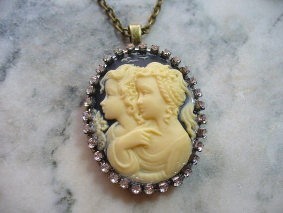 Cameo Necklace Black And Ivory Cameo Sisters Cameo Antiqued