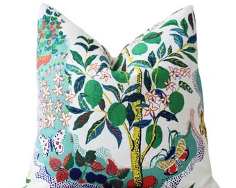 Schumacher Designer Linen Pillow - Citrus Garden Floral Pillow Cover - Blue Green and Yellow Pillow - Botanical Throw Pillow - Pillow
