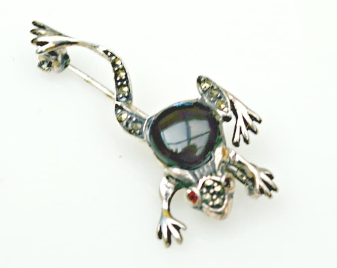 Frog Brooch - Sterling Silver - Marcasite - black glass -Jelly Belly - red rhinestones eye