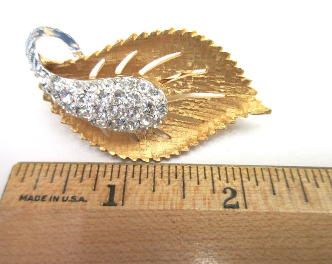 Gold Rhinestone Leaf Brooch mid century pin