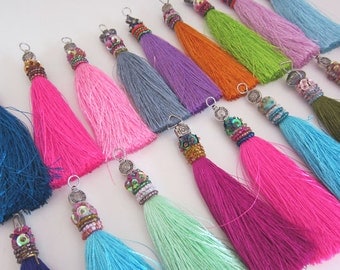 Silk Beaded Tassels HANDMADE Decorative Tassels for Jewelry, Luxury Handcrafted Beaded Decorative Jewelry Tassels, Assorted Colors 4" Tassel