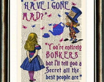 Alice in Wonderland BONKERS Quote vintage book page print on a page from a late 1800s Dictionary