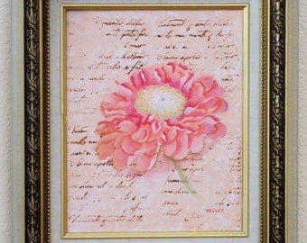 Floral Painting of Flower Over Script Printing in Acrylic