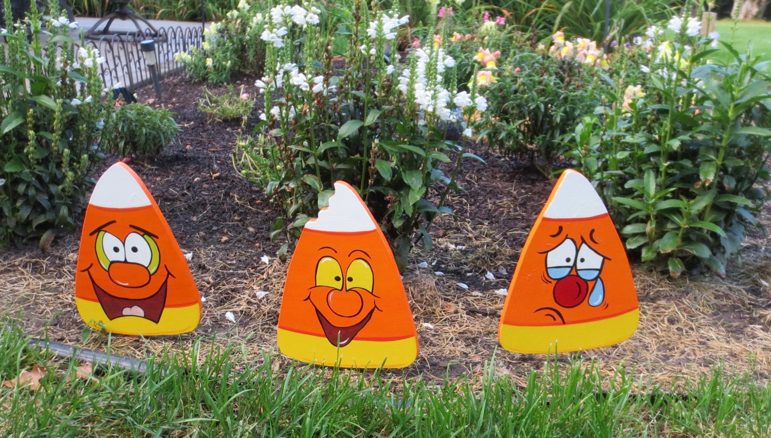 Set of 3 Halloween Crazy Candy Corn Wood Yard by ChartinisYardArt