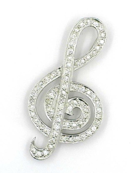 14k White Gold Diamond Music note Pendant / Pin