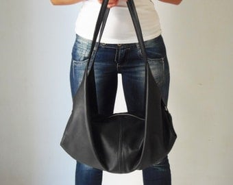 Black leather shoulder bag - Black handbag - Soft leather bag - DeLuna