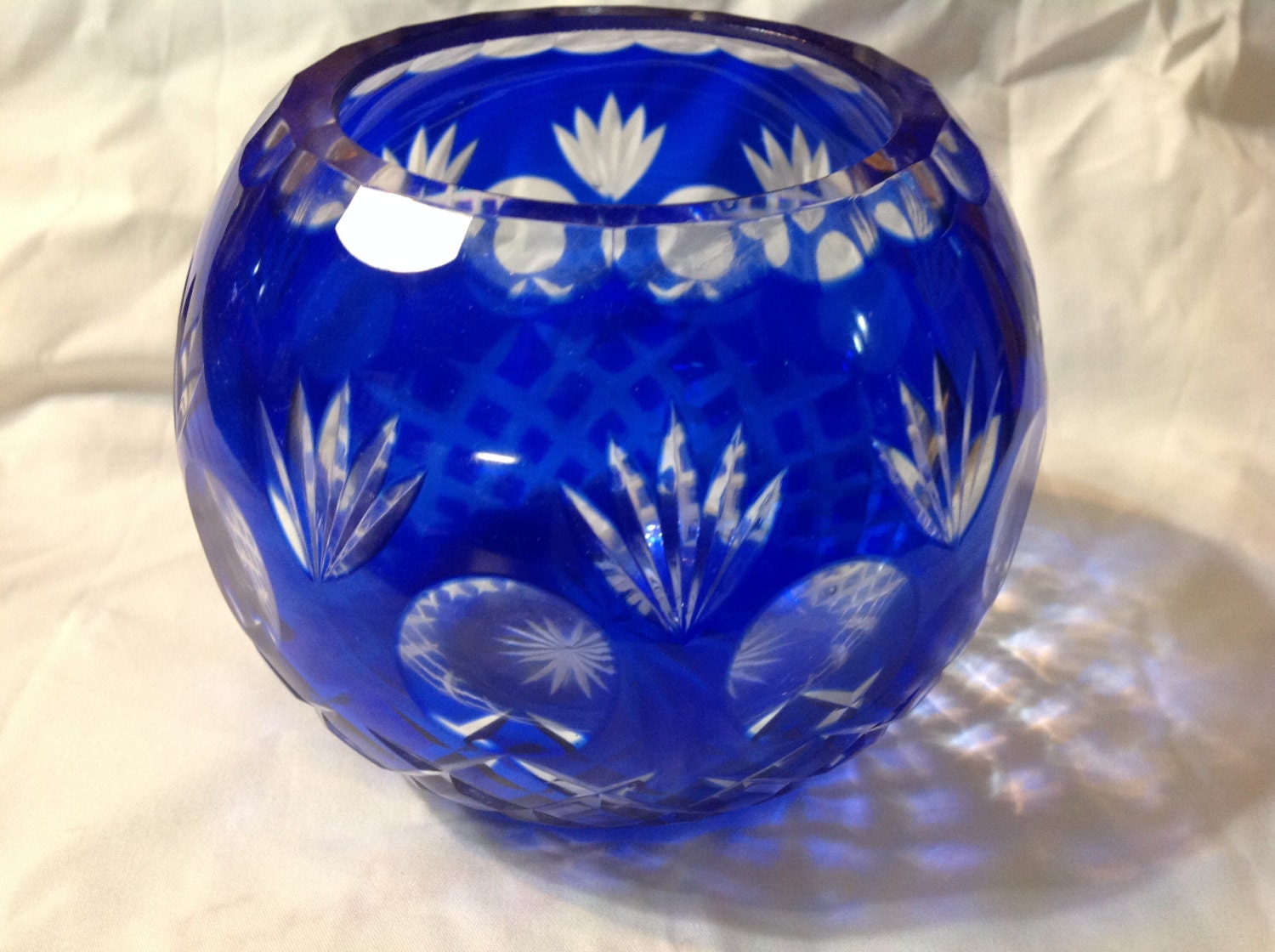 Vintage Cobalt Blue Cut To Clear Glass Bowlvase Tealight 4288