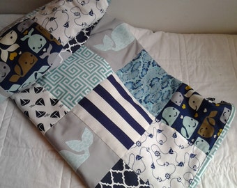 Nautical Baby Quilt, Navy, Turquoise and Gray Whale Nursery Quilt, Turquoise, Navy and Gray Crib Quilt, Nautical Nursery Bedding
