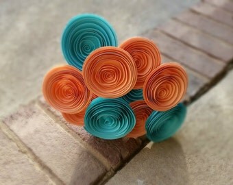 Paper Flower Bouquet - Robin's Egg Blue and Peach Paper Flowers - Handmade Rolled Paper Flower Bouquet for Brides, Weddings, Mother's Day