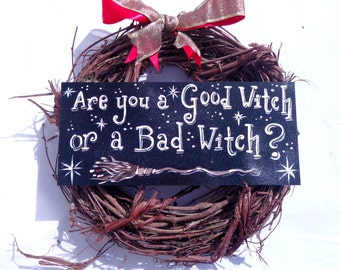 Good Witch Bad Witch Halloween Wreath, Wizard of Oz Inspired Hanging Wreath, Seasonal Wreath, Witch Broom Wreath, Halloween Wall Hanging