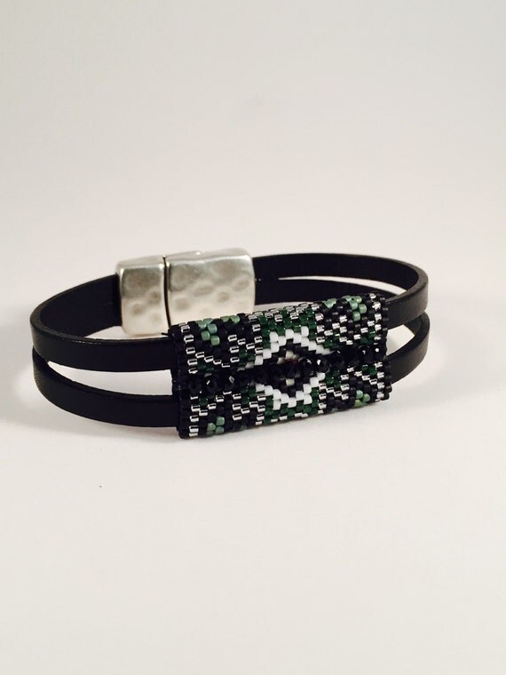 The Green One Seed Beaded Leather Strap Bracelet by Calisi on Etsy