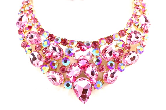 Pink Rhinestone Crystal Bib Bridal Statement Necklace Pink 9885