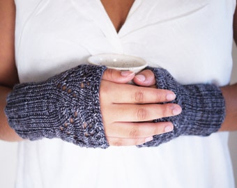 Hand Knitted Wrist Warmers . Hand Warmers . Steel gray . Fingerless Mittens . Soft . Ready to ship