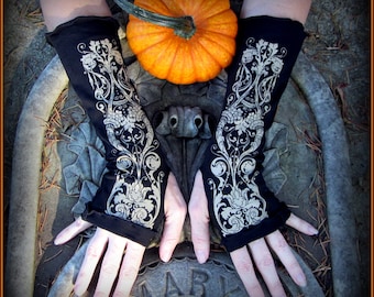 Witchy Black Arm Warmers ~ Fingerless Gloves Gauntlets ~ Dark Fashion Occult Gothic Art Nouveau Print ~ Yoga Hooping