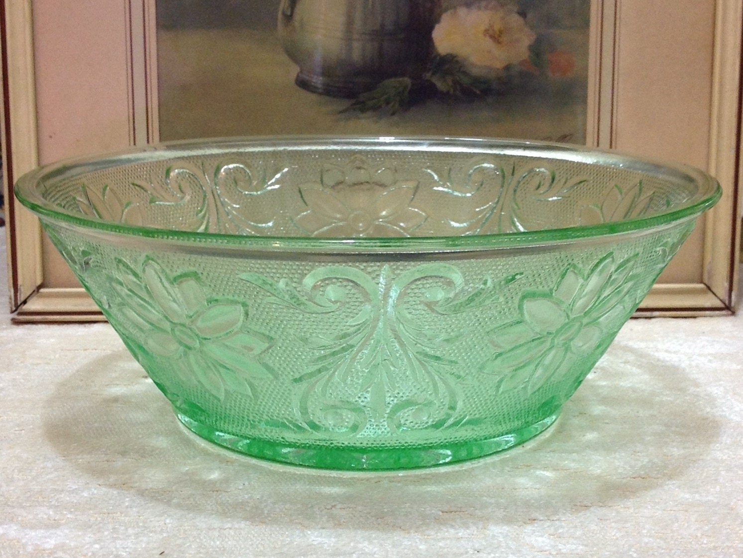 Tiara Chantilly Green sandwich glass serving bowl Indiana